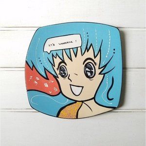 ANIMANIA Anime Pop Art Ceramic Plate, Japanese Manga Art, BLUE "It's Wonderful!"